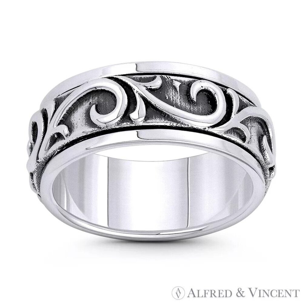 Men's Spinning Ring Swirl Pattern "Wind Gust" Ring in .925 Sterling Silver Sz.11